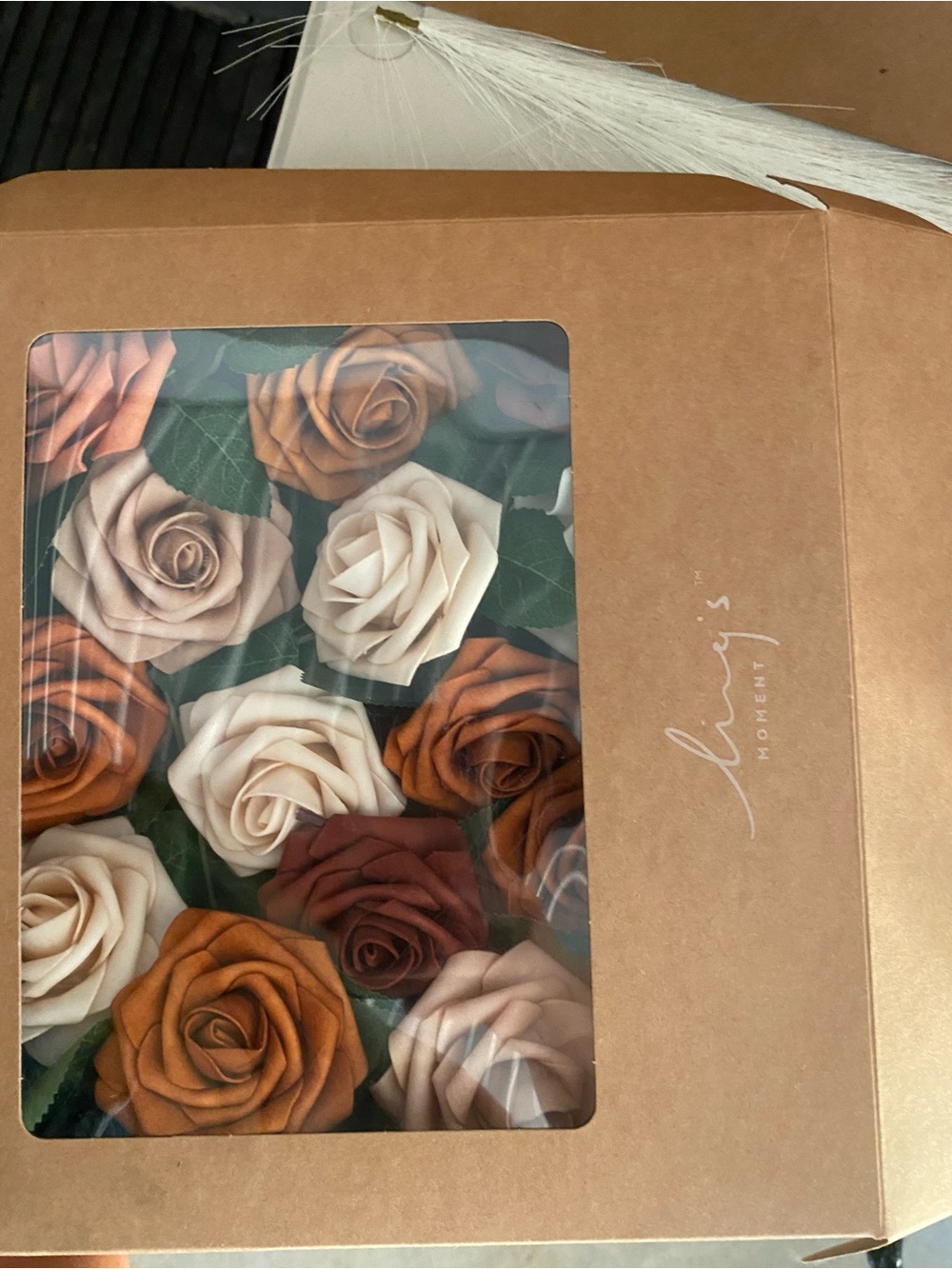 Boxed Artificial Rose Bouquet — Neutral & Burnt Orange Mix